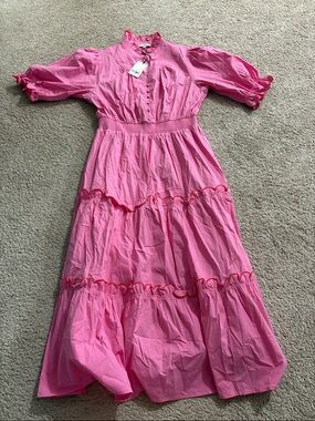 Women’s Pink Tiered Midi Dress with Ruffle Trim